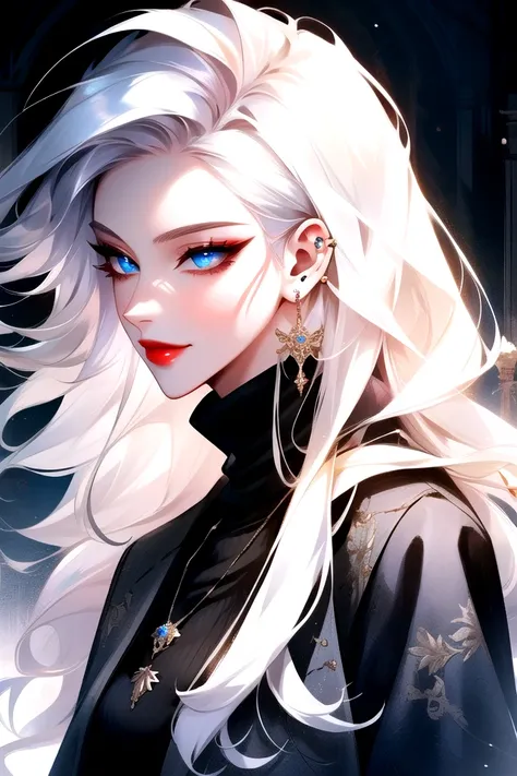<lora:ManhwaMegaUltimate:1>, 
fantasy, fantasy-style, 1girl, solo, blue eyes, jewelry, earrings, long hair, lipstick, makeup, red lips, black nails, white hair, black sweater, turtleneck, long sleeves, blurry, eyelashes, nail polish, blurry background, pie...