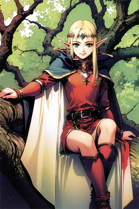 1girl, pointy ears, solo, long hair, elf, armor, tree, sitting, blonde hair, cape, boots, green eyes,  circlet, smile, <lora:msb...