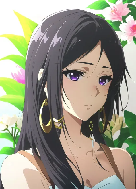 violet evergarden <lora:violet_evergarden_offset:1>, masterpiece, best quality, 1girl, solo, black hair, jewelry, earrings, purple eyes, long hair, anime coloring, flower, collarbone, blurry, looking to the side, makeup, portrait