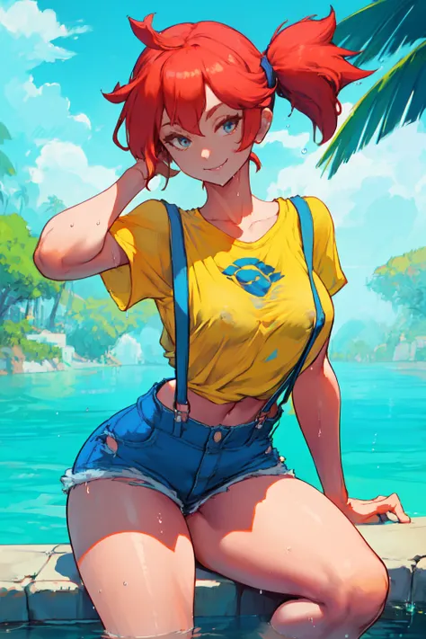 <lora:cutesexyrobutts_v2:1>csr style,((masterpiece)),((best quality)),((high definition)),misty pokemon,red suspenders,blue, denim shorts,side ponytail,wet,in water,wet t shirt,smile,ginger hair,yellow shirt,(red suspenders),pastel color