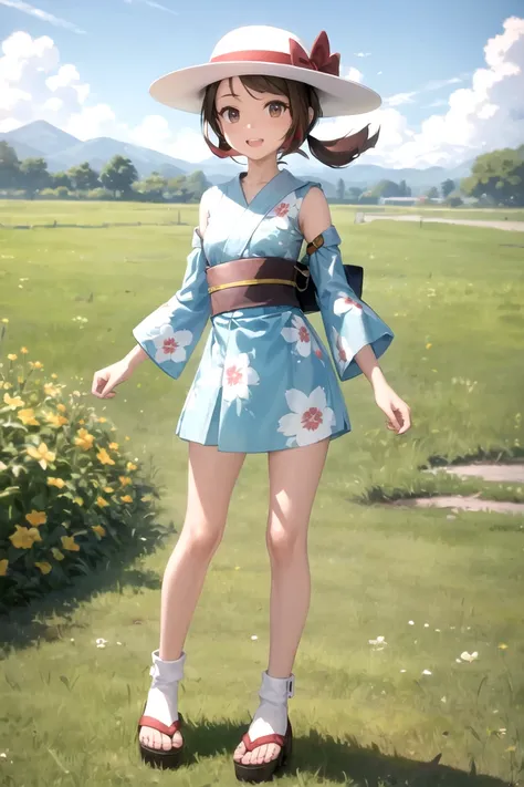 anime girl in a blue kimono standing in a field