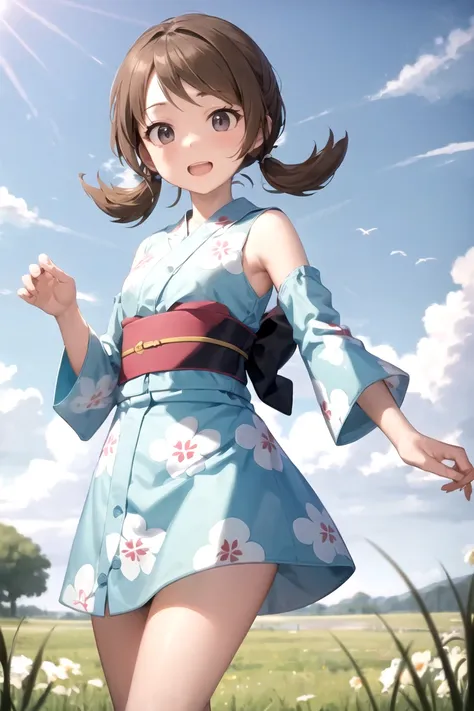 anime girl in a blue kimono dress standing in a field