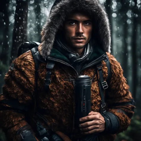 (Award Winning Photo:1.3) of Masterpiece, a man, male focus, ranger in rainy wood, fur hooded, leather armor with backpack (high detailed skin:1.2), 8k, uhd, dslr, soft lighting, high quality, film grain, Fujifilm XT3, epic, intricate details, hyperdetaile...