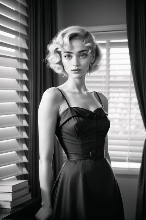 black and white still photo of sad RoxieCipher with blonde 1950s bouffant hair, wearing a vintage 1950s aline dress, dark office, slatted blinds, femme fatale from a film noir movie, Robert Siodmak, cinematic lighting, atmospheric, dark, nostalgic, smoky, ...