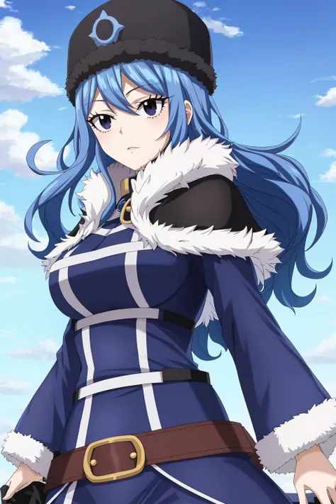 juvia, fairy tail, anime art style, 1girl, long_hair, breasts, long_sleeves, hat, dress, blue_hair, outdoors, sky, belt, cloud, ...