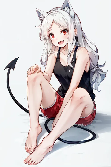 cerberus(helltaker), demon girl, demon tail, white hair, shirt, short shorts, shorts, dog ears, dog girl, 1girl, red shorts, red eyes, open mouth, simple background, toes, full body, animal ears, long hair, black tail, bare shoulders, tank top, solo, fang,...