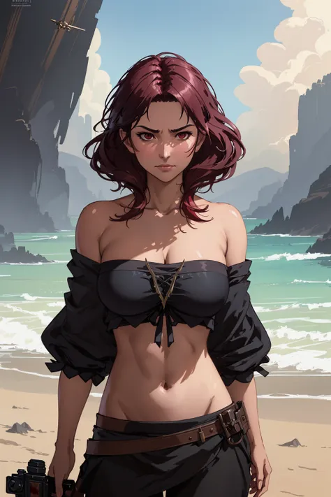 cleavage, huge breasts, bandeau , <lora:Bandeau-fC-V1:1>, (masterpiece), (extremely intricate), fantasy, (((photorealistic photo of an evil hermit, male, villain, anti hero, evil face, masculine face, medium hair, Maroon hair, wicked, cruel, sinister, mali...