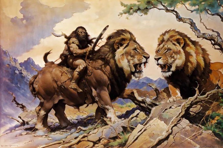 <lora:Frazetta:1>frazetta a wooly mammoth
BREAK
fighting a lion