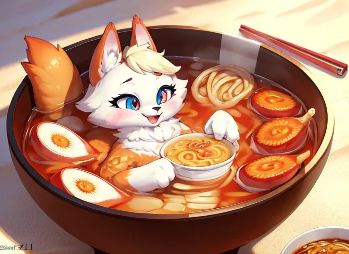 (furry art:1.4), (uploaded on e621:1.4), some furry friends bathing in a bowl of ramen on the beach.   ramen, male, white fur, aloha shirt, safe content, food, ramen, noodles, zootopia eyes, expressive eyes, beautiful eyes, anthro, ramen cup, ramen bowl, 
...