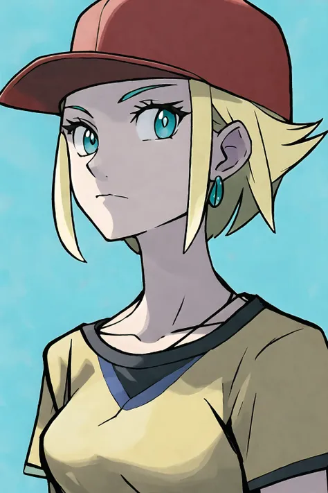 sugimori style, masterpiece, best quality, 1girl, aqua eyes, baseball cap, blonde hair, closed mouth, earrings, green background, hat, hoop earrings, jewelry, looking at viewer, shirt, short hair, simple background, solo, upper body, yellow shirt  <lora:po...