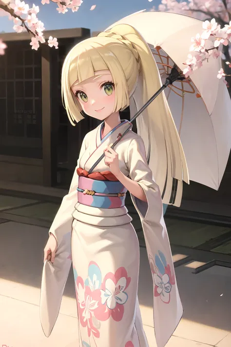 masterpiece, best quality, <lora:LillieNewYear:0.8>, lillie, print kimono, floral print, long sleeves, long kimono, parasol, cherry blossoms, smile