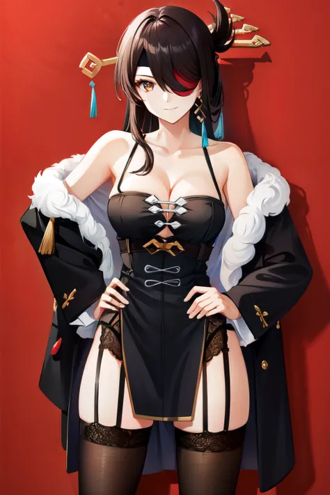 beidou(genshin impact), smile, one eye covered, brown hair, cleavage, eyepatch, solo, black thighhighs, hair over one eye, simple background, short dress, collarbone, thighs, black dress, bare shoulders, dress, garter straps, long hair, looking at viewer, ...