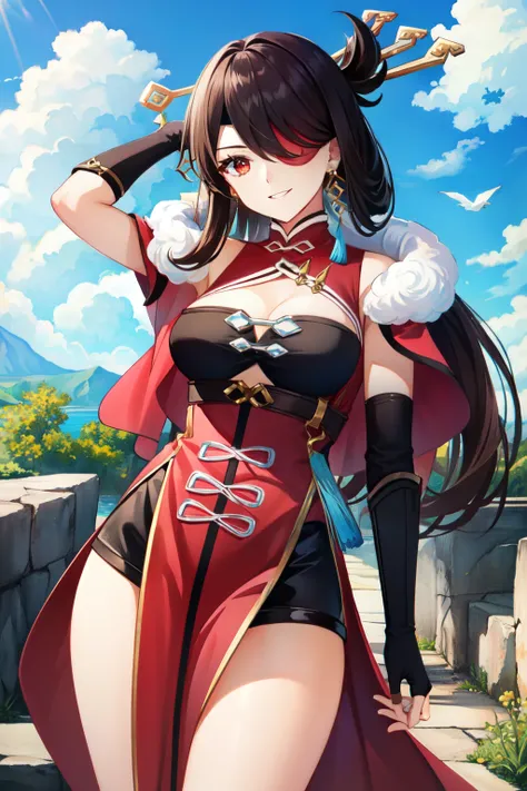 beidou(genshin impact), smile, one eye covered, brown hair, cleavage, bird, eyepatch, solo, hair over one eye, sky, fingerless gloves, thighs, black gloves, red eyes, outdoors, hair ornament, jewelry, dress, earrings, gloves, day, cloud, long hair, looking...