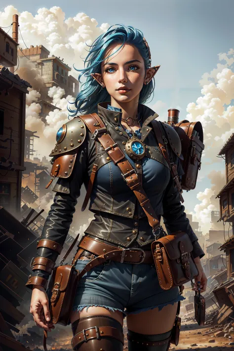 (masterpiece, best quality),  intricate details,
1girl,  blue hair, blue eyes, elf, 
black leather armor,  explorers satchel, 
<lora:SteamPunkAI:0.5>  steampunkai,   <lora:postapocalypse5MBLora_5MB:0.8> postapocalypse,  rugged, gritty, dirty,  
fantasy, de...