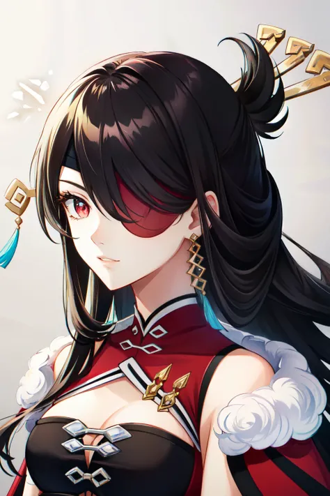 beidou(genshin impact), portrait, earrings, black hair, one eye covered, long hair, red eyes, looking at viewer, 1girl, eyepatch, solo, hair over one eye, hair ornament, jewelry<lora:beidou:1>