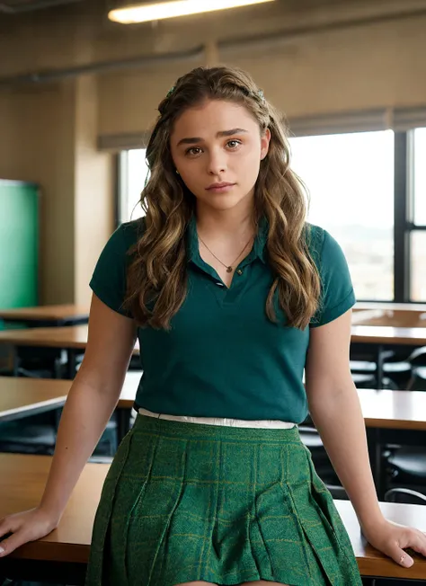 portrait of skswoman, :q , wearing skirt , with green Beachy waves , background classroom epic (photo, studio lighting, hard light, sony a7, 50 mm, matte skin, pores, colors, hyperdetailed, hyperrealistic), <lyco:Chloe Grace Moretz:1.1>