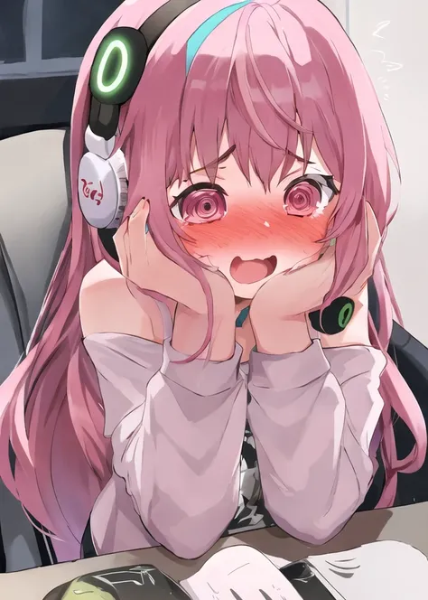 embarrassed, 1girl, blush, pink hair, headphones, long hair, open mouth, parody, full-face blush, o_o