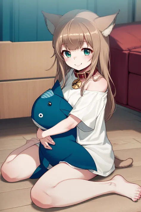 40hara, brown hair, cat girl, 1girl, animal ear fluff, bare legs, barefoot, cat ears, cat tail, collar, doll hug, full body, green eyes, hug, object hug, off shoulder, oversized clothes, oversized object, oversized shirt, red collar, shirt, sitting, smile,...