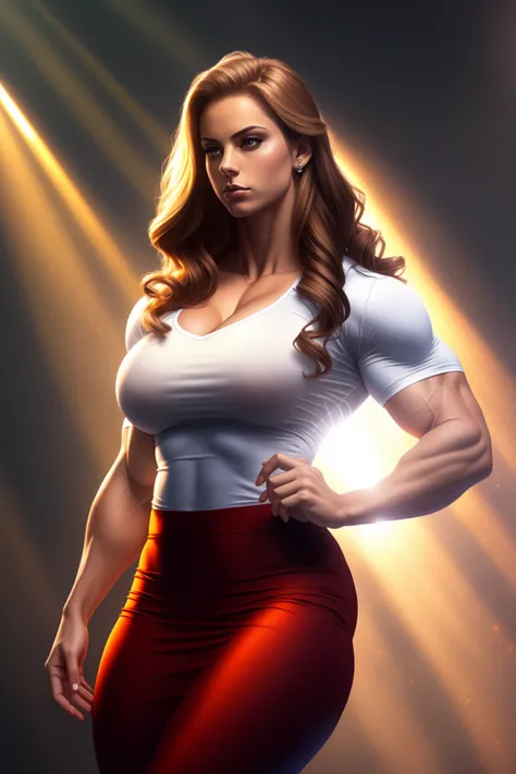 bodybuilder, <lora:Amazon-V3:1>, vivid hair, pencil skirt, blouse, light rays, god rays, muscular, realistic, breasts