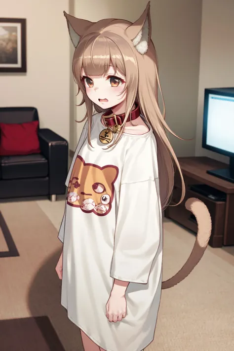 40hara, masterpiece, best quality, 1girl, cat girl, brown hair, cat ears, cat tail, oversized clothes, oversized shirt, print shirt, animal collar, red collar, living room