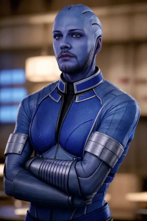 GS-Masculine masseffectliara, blue skin man beard standing at a table (masterpiece:1.2) (photorealistic:1.2) (bokeh) (best quality) (detailed skin:1.3) (intricate details) (8k) (HDR) (analog film) (canon d5) (cinematic lighting) (sharp focus) <lora:masseff...