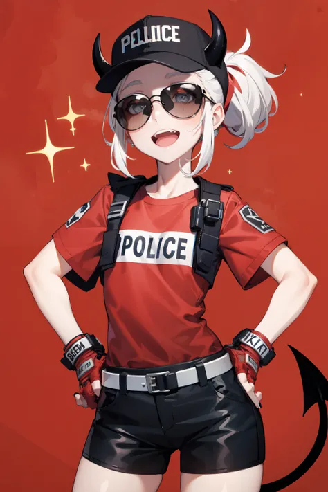 justice(helltaker), black horns, smile, white hair, demon horns, upper body, red shirt, eyewear on head, white background, necktie, tie clip, horns, sunglasses, fingerless gloves, black necktie, shirt, closed mouth, short sleeves, 1girl, grey eyes, black n...