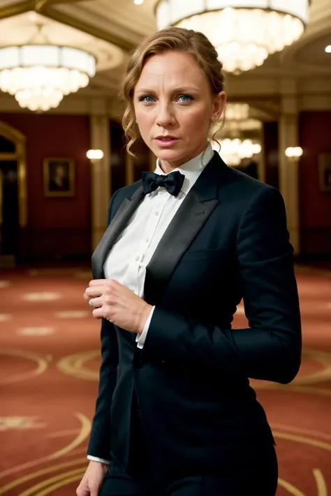 (GS-Womanly:1.1) modelshoot style photo of danielcraig as female James Bond wearing a black tuxedo standing in a casino, (masterpiece:1.2) (photorealistic:1.2) (bokeh) (best quality) (detailed skin:1.3) (intricate details) (8k) (HDR) (analog film) (canon d...