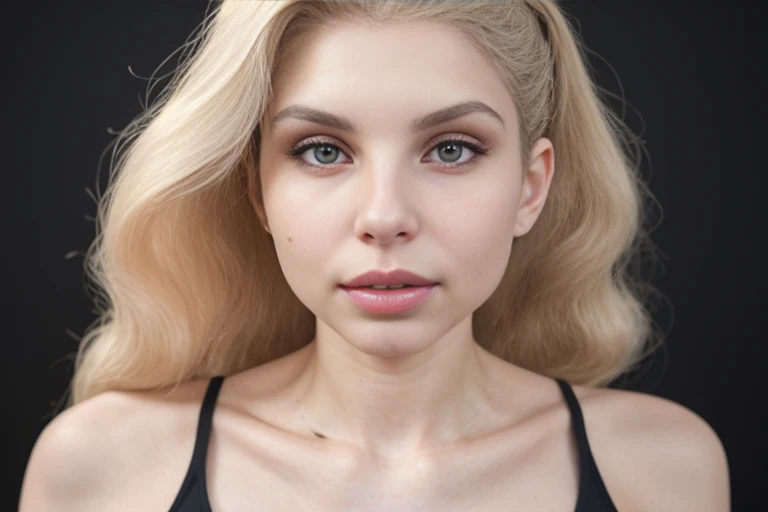 a portrait of DEN_samadhi_amour in front of a [plain black background] wearing a black tank top, collarbone, [headshot], [centre frame], looking at the camera, facing the camera,
[gentle smile closed mouth], dynamic lighting, mole above her lip on the righ...