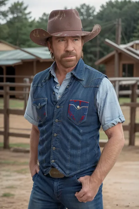 chucknorris, dressed as a texas ranger jeans boots hat shirt vest outoors
(masterpiece:1.2) (photorealistic:1.2) (bokeh) (best quality) (detailed skin:1.3) (intricate details) (8k) (HDR) (analog film) (canon d5) (cinematic lighting) (sharp focus) <lora:Chu...