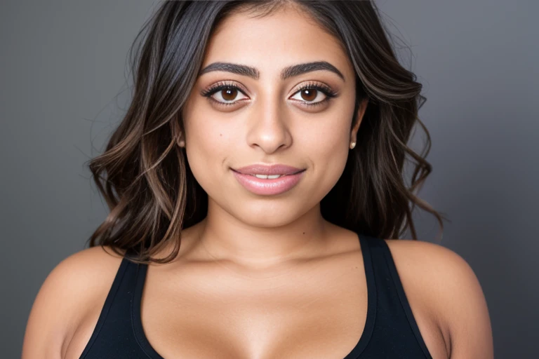 a portrait of DEN_ella_knox in front of a [plain black background] wearing a black tank top, collarbone, [headshot], [centre frame], looking at the camera, facing the camera,
[gentle smile closed mouth], dynamic lighting, mole above her lip on the right,
p...