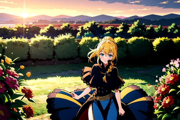 best quality, masterpiece, extremely detailed, detailed background, 1girl, solo, yellow hair, blue eyes, braid, long hair, wavy hair, fluffy hair, ponytail, french braid, blush, smile, capelet, lace trim, bodice, sunset, dusk, scenery, high place, horizon,...