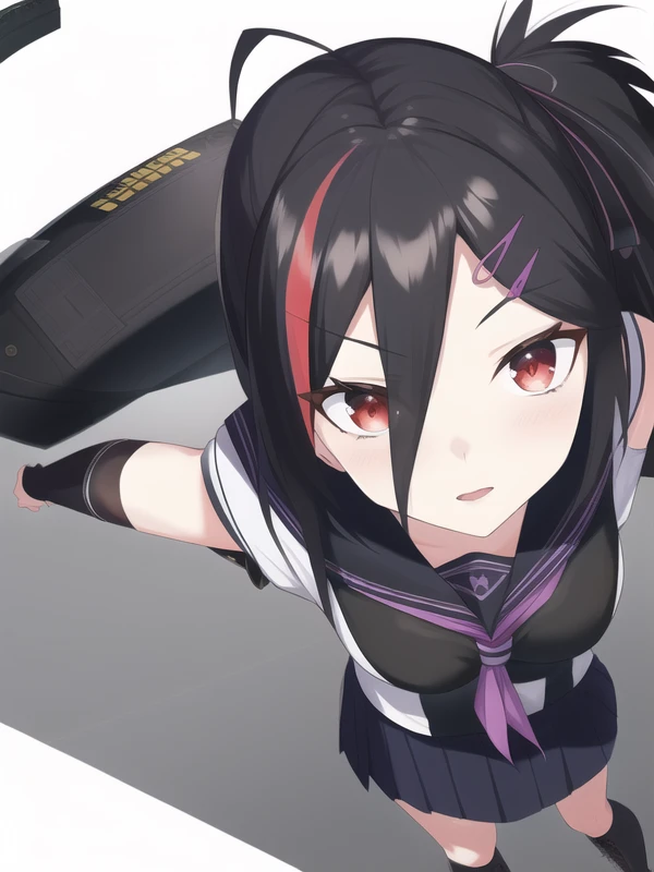 (hyper extreme detailed),(masterpeace),(hyper extreme),(photorealistic),CG,(colour:1.2), solo,<lora:haguro_v1:0.6>,haguro,black hair, white hair, multicolored hair, short hair,hair up,red eyes, school uniform,long skirt,asymmetrical legwear,black clothes, ...