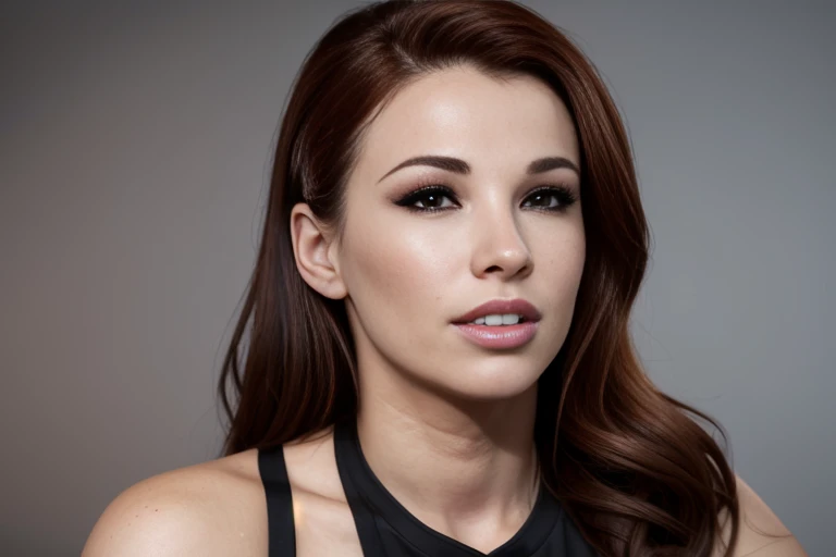 a portrait of DEN_sabrina_maree in front of a [plain black background] wearing a black tank top, collarbone, [headshot], [centre frame], looking at the camera, facing the camera,
[gentle smile closed mouth], dynamic lighting, mole above her lip on the righ...