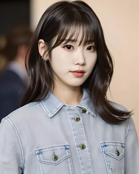 best quality, IU, 1girl, solo, long hair, looking at viewer, brown hair, black hair, jewelry,dress, upper body, mole, black eyes, denim, freckles, jeans, realistic, blurry background, <lora:IU_idol_v3_origin:0.6>