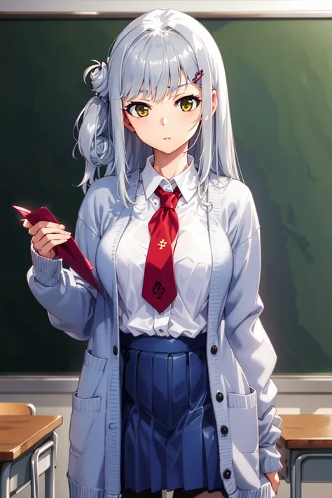 masterpiece,best quality,Majsoul,YuiYagi,Yui_original,long hair,sliver hair,yellow eyes,standing,upper body,(dark blue long cardigan),red necktie,black pantyhose,pleated skirt,classroom,white shirt,