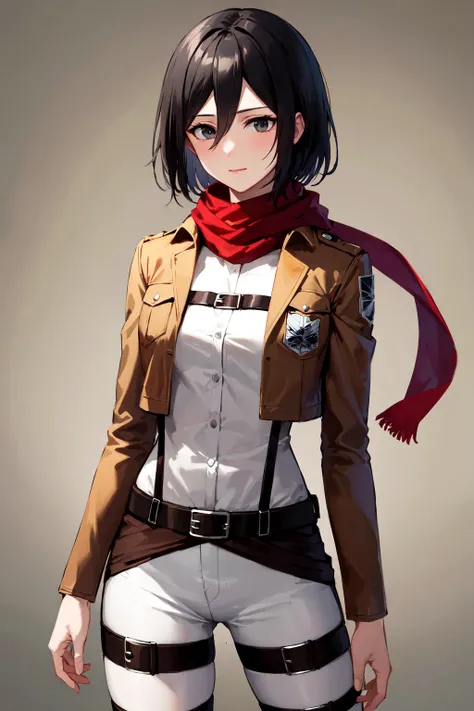 masterpiece, best quality, highres, hmmikasa, short hair, black eyes, scarf, emblem, belt, thigh strap, red scarf, white pants, brown jacket, long sleeves, <lora:mikasa_ackerman_v1:0.7>, cowboy shot, standing
