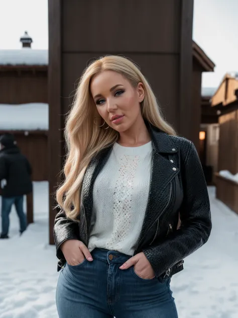 (sfw!), A RAW photo of a beautiful blonde_haired woman, savbond,  (wearing knitted_sweater and a leather_jacket and jeans!), snowy_village_street, cold, (snowing!), HDR, soft lighting, film grain, photorealistic, 8K, UHD, DSLR,  <lora:epiNoiseoffset_v2:0.6...