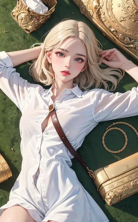 (masterpiece:1.4, best quality), (intricate details), unity 8k wallpaper, ultra detailed, beautiful and aesthetic, perfect lighting, (1girl),(white hair, blue eyes, medium breasts),, dynamic pose, dynamic angle,  lipstick, slim, slim body, (Linen_shirt_dre...