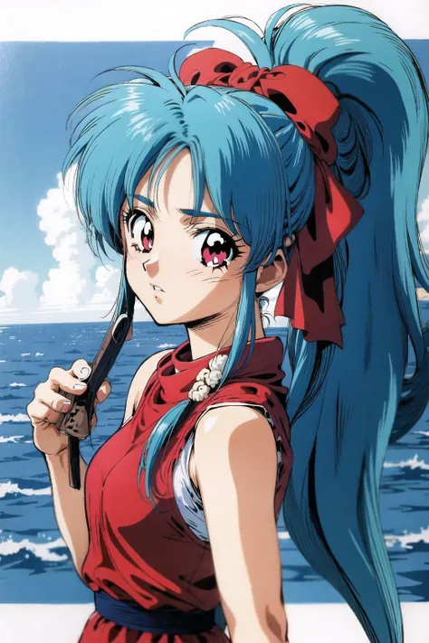 botan (yu yu hakusho), 1990s (style), 1girl, blue hair, bow, long hair, looking at viewer, ocean, ponytail, retro artstyle, solo <lora:90sv1.3RW:0.6>