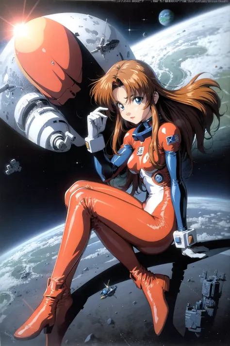 1990s (style), 1980s (style), 1girl, blue eyes, bodysuit, boots, brown hair, earth (planet), gloves, helmet, helmet removed, long hair, looking at viewer, mecha, pilot suit, planet, retro artstyle, science fiction, shiny, shiny clothes, space, space craft,...