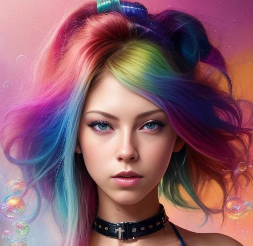 swpunk style synthwavedrunken beautiful anjelikaV2 as delirium from sandman, (hallucinating colorful soap bubbles), by jeremy mann, by sandra chevrier, by dave mckean and richard avedon and maciej kuciara, punk rock, tank girl, high detailed, 8k