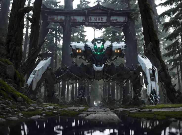 8k wallpaper, masterpiece,Cinematic Lighting, best quality,Illustration,detailed face depiction,dramatic angle,
reflection, tree, nature, scenery, forest, outdoors, robot, grass, moss, water, ruins,torii,