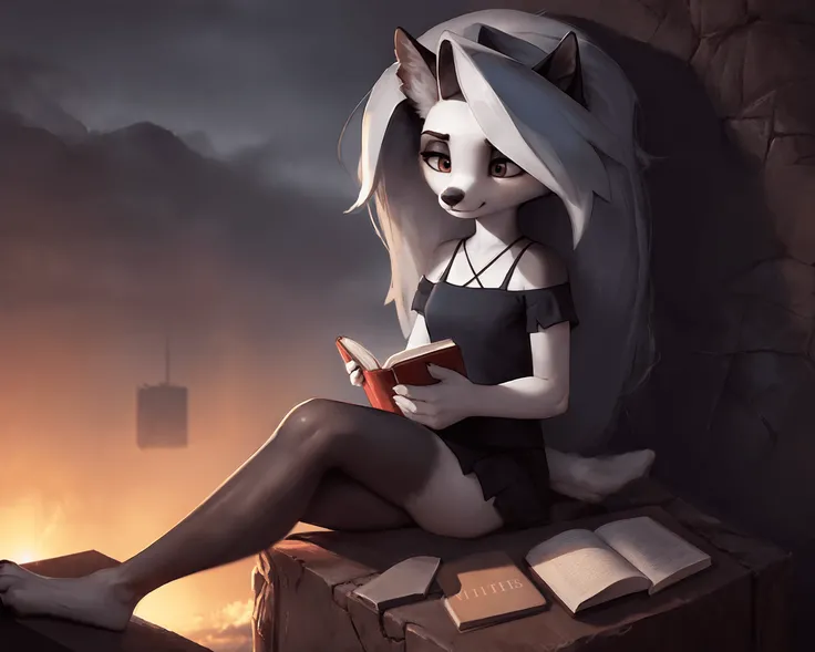 (by qupostuv35:1.0), female ((anthro, humanoid)), [(thin:1.1) : small petite : (loona:1.2):4], (Detailed face), (anthropomorphic legs, anthropomorphic hands:1.1), (solo), sitting on the edge of hell, ((beautiful detailed background)), (read a book) lora:lo...