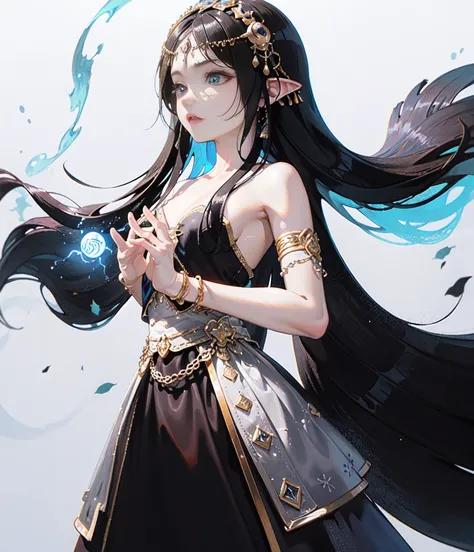 (white background:1.5), (full body:1.4),, 1girl, solo, long hair, ((black hair:1.5)), skirt, jewelry, small breasts, platform footwear, white skirt, bracelet, looking at viewer, full body, multicolored eyes,((red bowhair)), bow at back, holding, breasts, b...