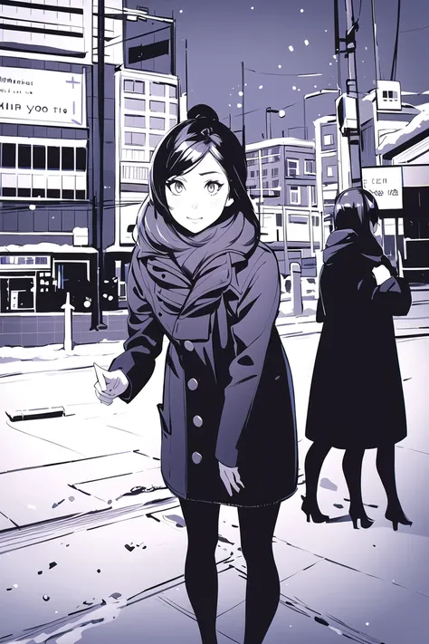 masterpiece, 1girl,snow,city,playing, realistic,    ilyast3, <lora:IlyakuvshinovArtistST3-25:0.8>,monochrome,