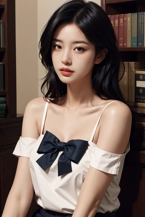 1girl,solo,(lshort-sleeved JK_sailor),JK_style,(dark blue JK_skirt),(bow JK_tie),(Inside the library:1.2),realistic,fully body,black hair,long hair,black eyes,lips,parted lips,collarbone,bare shoulders,portrait,nose,Best quality,masterpiece,ultra high res,...