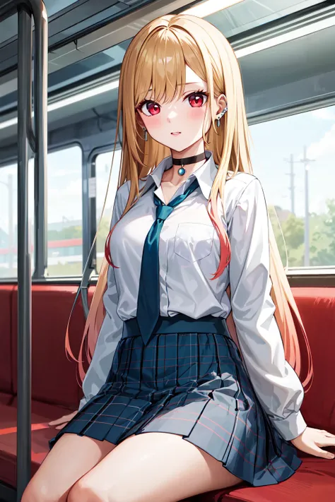 masterpiece, best quality, highres, kitagawa marin, 1girl, blonde hair, long hair, multicolored hair, red eyes, jewelry, earrings, piercing, school uniform, white shirt, tied shirt, black choker, blue necktie, plaid skirt, <lora:kitagawa_marin_v1-1:0.7>, s...