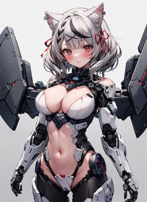 masterpiece,best quality,ultra-detailed, <lora:AMechaSSS[color_theme,mecha musume, mechanical parts,robot joints,headgear]:0.8>,
1girl,solo,large breasts, grey theme,  mecha musume, mechanical parts,robot joints, blush,standing,cowboy shot,  
cat ears,saka...