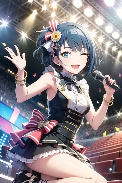 <lora:KiritaniHaruka-05:0.7> , kiriharu, 1girl, solo, looking at viewer, smile, short hair, open mouth, blue eyes, skirt, hair ornament, holding, jewelry, blue hair, frills, one eye closed, sleeveless, bracelet, ;d, microphone, confetti, idol, stage, stage...