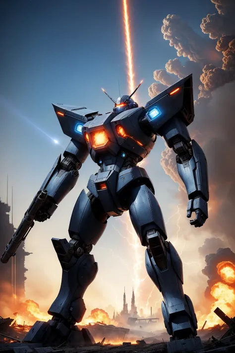 masterpiece, best quality, mecha, no humans, black armor, blue eyes, science fiction, fire, laser canon beam, war, conflict, destroyed city background